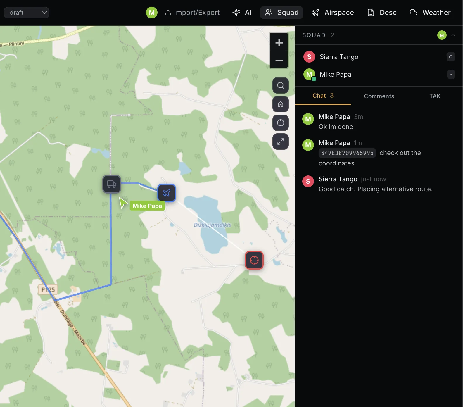 Two operators on the same mission map with live squad chat