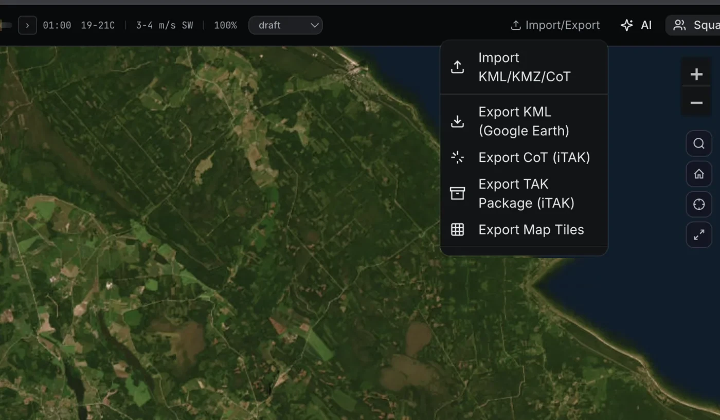 Export menu with KML, CoT, TAK package and map tiles options
